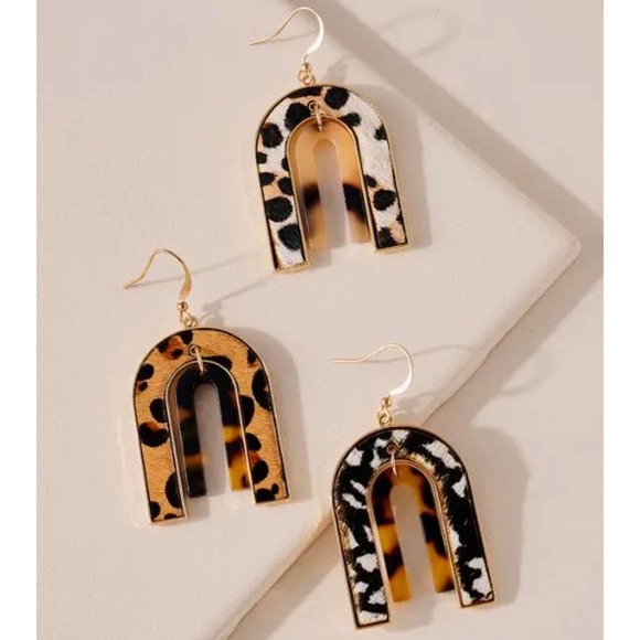 Black White Cow Print Brown Tortoise Arch Dangling Earrings - Picture 3 of 3